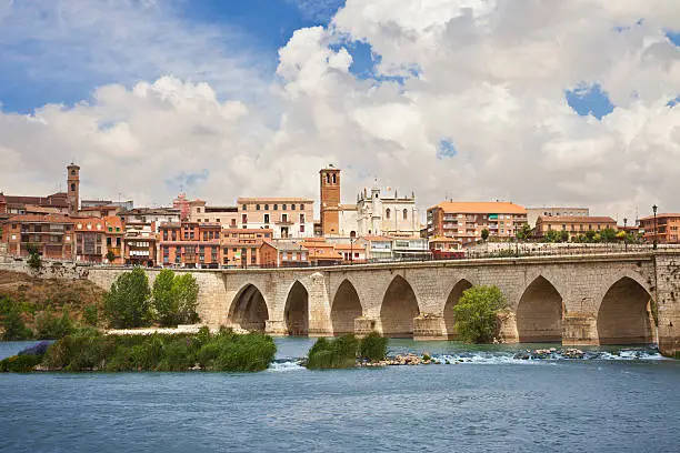 View of the villa and the Duero river flowing under the medieval bridge, province of Valladolid, Spain