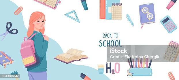 istock Back to school banner design. Office supplies and schoolgirl. Flat graphic vector illustrations isolated on white background 1543184517