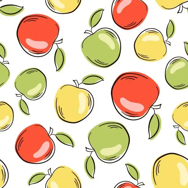 Vector illustration of Apple seamless pattern line art flat style. Vector illustration on a white background.