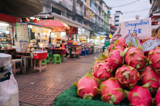 Dargon fruit tropical fruit in chinatown yaowarat market at bangkok thailand