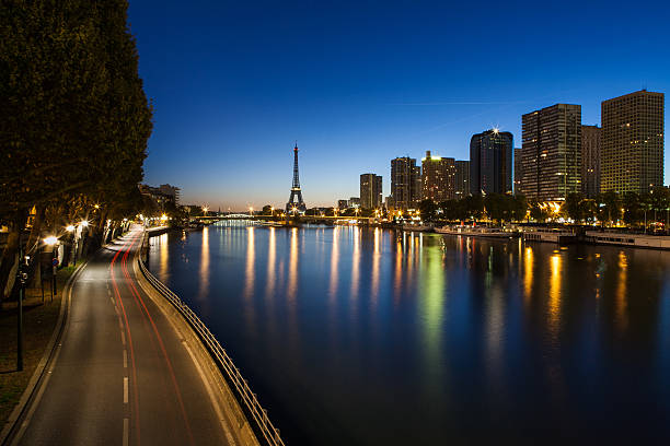 Twilight view of Front de Seine in Paris, France stock photo