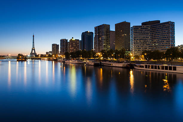 The beautiful Front de Seine in Paris, France at night stock photo