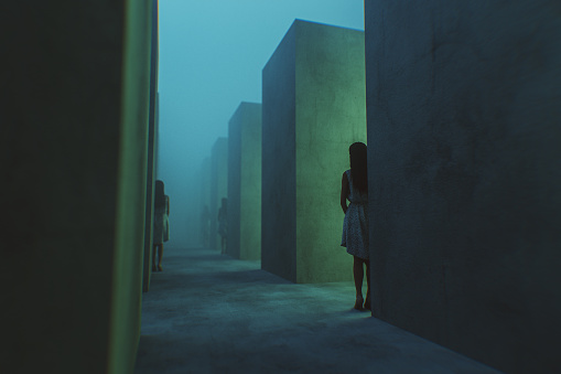 Spooky women standing in concrete maze. 3D generated image.