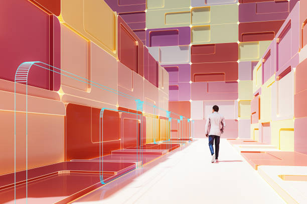 istock Businessman walking in VR environment 1543210594