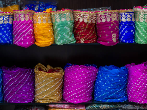 istock Colorful indian female cloths stack in wholesale shop 1543211123