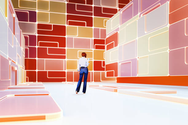 Woman walking in VR environment. 3D generated image.