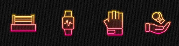 Vector illustration of Set line MMA glove, Boxing ring, Smart watch with heart and . Glowing neon icon. Vector