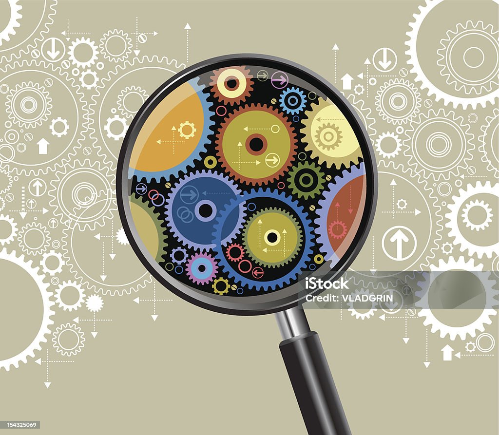 magnifying glass with gears the concept of expertise of the organization of production or business operations. File is saved in AI10 EPS version. This illustration contains a transparency Abstract stock vector