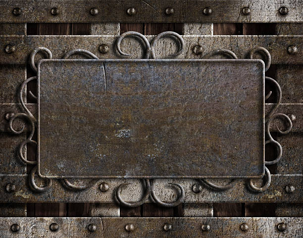 Vintage metal plate  on old oak door