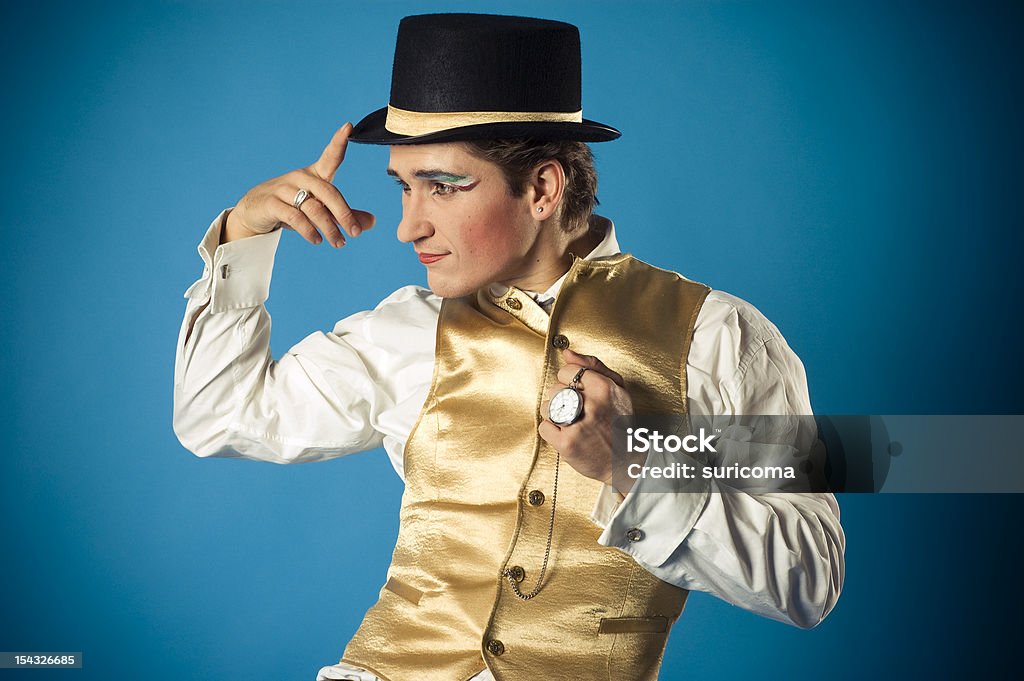 man on a blue background portrait of a man of the nineteenth century Gold Colored Stock Photo