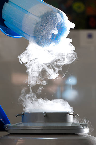 Container with liquid nitrogen, lot of vapour stock photo