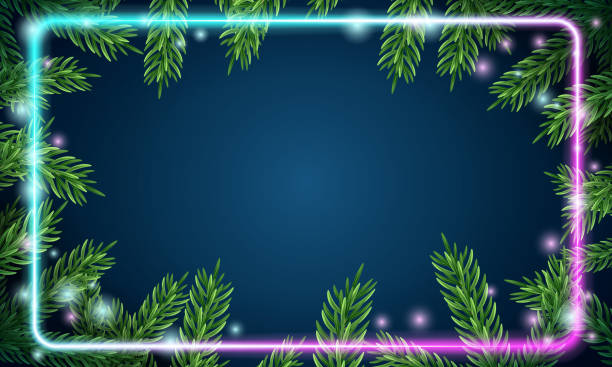 istock Christmas tree branches. Festive Xmas border of green branch of pine. Pattern pine branches, spruce branch. Glowing neon frame, space for text. Realistic design decoration element. Vector illustration 1543295221