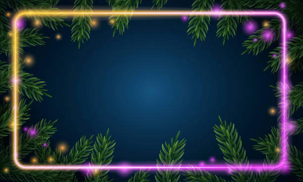 istock Christmas tree branches. Festive Xmas border of green branch of pine. Pattern pine branches, spruce branch. Glowing neon frame, space for text. Realistic design decoration element. Vector illustration 1543295222