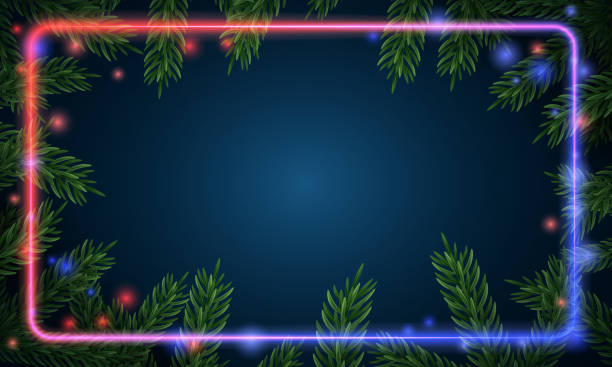 istock Christmas tree branches. Festive Xmas border of green branch of pine. Pattern pine branches, spruce branch. Glowing neon frame, space for text. Realistic design decoration element. Vector illustration 1543295837
