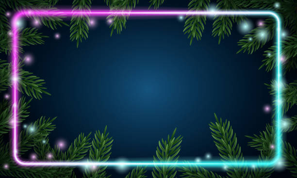 istock Christmas tree branches. Festive Xmas border of green branch of pine. Pattern pine branches, spruce branch. Glowing neon frame, space for text. Realistic design decoration element. Vector illustration 1543296342