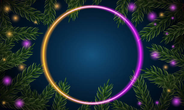 istock Christmas tree branches. Festive Xmas border of green branch of pine. Pattern pine branches, spruce branch. Glowing neon frame, space for text. Realistic design decoration element. Vector illustration 1543296351