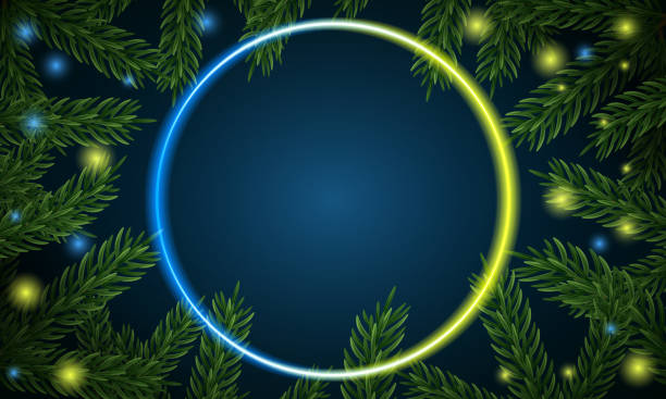 istock Christmas tree branches. Festive Xmas border of green branch of pine. Pattern pine branches, spruce branch. Glowing neon frame, space for text. Realistic design decoration element. Vector illustration 1543296864