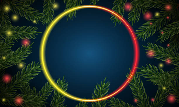 istock Christmas tree branches. Festive Xmas border of green branch of pine. Pattern pine branches, spruce branch. Glowing neon frame, space for text. Realistic design decoration element. Vector illustration 1543296867