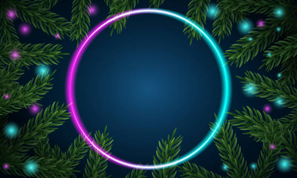 istock Christmas tree branches. Festive Xmas border of green branch of pine. Pattern pine branches, spruce branch. Glowing neon frame, space for text. Realistic design decoration element. Vector illustration 1543297041