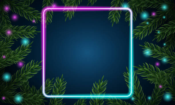 istock Christmas tree branches. Festive Xmas border of green branch of pine. Pattern pine branches, spruce branch. Glowing neon frame, space for text. Realistic design decoration element. Vector illustration 1543297381