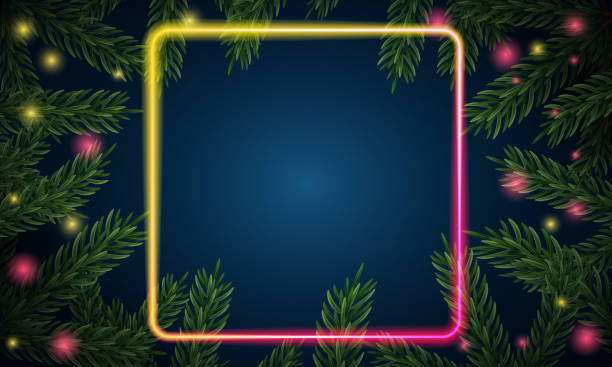 istock Christmas tree branches. Festive Xmas border of green branch of pine. Pattern pine branches, spruce branch. Glowing neon frame, space for text. Realistic design decoration element. Vector illustration 1543297673