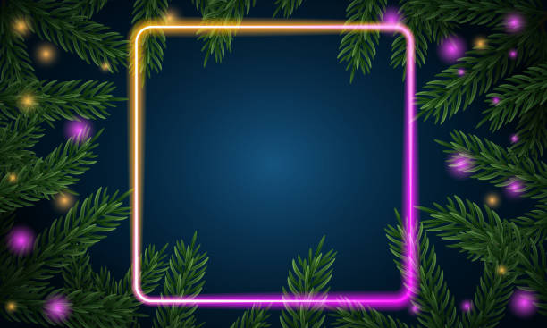 istock Christmas tree branches. Festive Xmas border of green branch of pine. Pattern pine branches, spruce branch. Glowing neon frame, space for text. Realistic design decoration element. Vector illustration 1543297917
