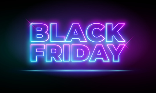Black Friday Sale neon banner. Design signboard for blackfriday sale on brickwall texture. Glowing white and red neon letters in frame. Realistic vector illustration