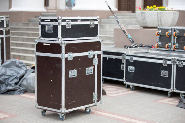istock Case boxes for musical equipment. Professional stage equipment is packed in special boxes. 1543328034