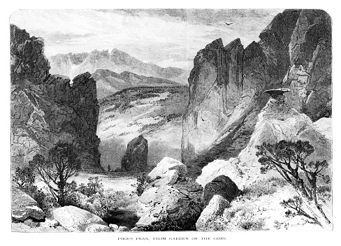 Garden of the gods and Pikes Peak in the Rocky Mountains, Colorado Springs, Colorado, USA. The Rocky Mountain Range extends from New Mexico to  Colorado, Idaho, Montana, Wyoming, and into Canada. Pen and pencil, engravings, published 1874. This edition edited by William Cullen Bryant is in my private collection. Copyright is in public domain.