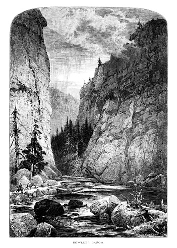 Colorado River flows through Boulder Canyon, formerly Devils Gate Canyon, between Nevada and Arizona in the Rocky Mountains , USA. The Rocky Mountain Range extends from New Mexico to  Colorado, Idaho, Montana, Wyoming, and into Canada. Pen and pencil, engravings, published 1874. This edition edited by William Cullen Bryant is in my private collection. Copyright is in public domain.