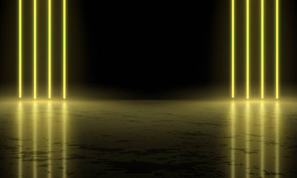 istock Abstract realistic blue 3d cylinder pedestal podium. Sci-fi dark abstract room with vertical glowing neon lighting lines with wet reflective floor. Vector rendering mockup product display. Futuristic scene, Stage for showcase 1543343157