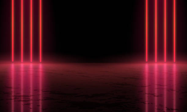 istock Abstract realistic blue 3d cylinder pedestal podium. Sci-fi dark abstract room with vertical glowing neon lighting lines with wet reflective floor. Vector rendering mockup product display. Futuristic scene, Stage for showcase 1543343158