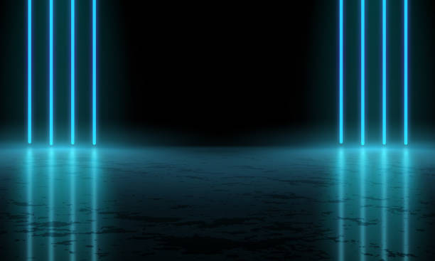 istock Abstract realistic blue 3d cylinder pedestal podium. Sci-fi dark abstract room with vertical glowing neon lighting lines with wet reflective floor. Vector rendering mockup product display. Futuristic scene, Stage for showcase 1543343689