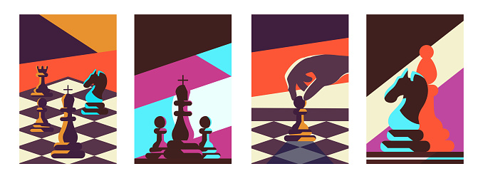 Chess club posters. Strategy game match. Play battle. Business tournament. Bishop and rook. Chessboard figures. Pawn in hand. King and queen silhouettes on flyers design. Vector vertical banners set