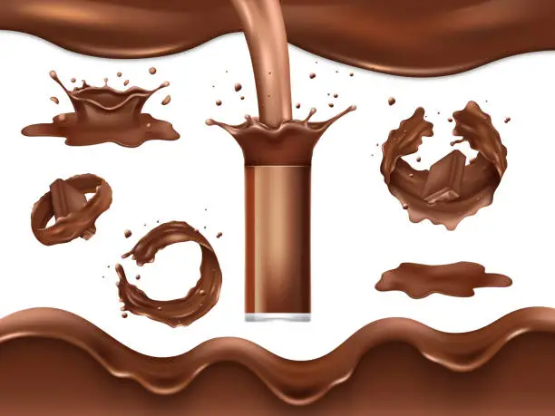 Vector illustration of Milk chocolate, coffee beverage, splash and drops, sweet drink in glass. Shake of liquid cocoa candies, sauce waves, flow pour cup. Melt cream in motion. Vector realistic 3d elements