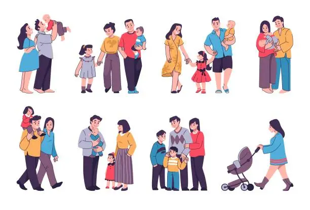 Vector illustration of People walk together. Happy family. Parents with children. Father and mother hugging newborn baby. Couples and kids. Pregnant woman. Outdoor strolls set. Vector cartoon illustrations