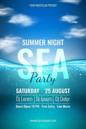 Summer party banner. Sea waves and sky. Ocean holiday invitation poster. 3D deep water. Inviting flyer to travel beach event. DJ music into club or pool. Underwater depth. Vector realistic background