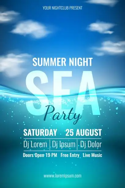 Vector illustration of Summer party banner. Sea waves and sky. Ocean holiday invitation. 3D deep water. Inviting flyer to beach event. DJ music into club or pool. Underwater depth. Vector realistic background