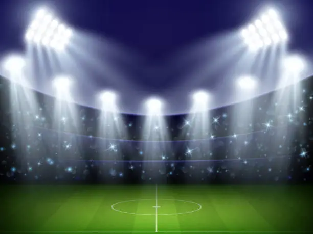 Vector illustration of Football stadium. Soccer playground with lighting projectors. World cup night arena. Building on green field. Spotlight rays. Championship game. Vector realistic athletic background