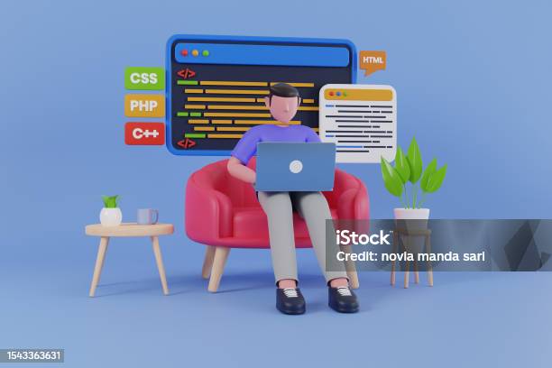 3d Programmer Engineer Illustration Concept Of Script Coding And ...