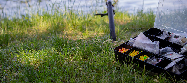 fishing tackle bait, fishing river. Selective focus. nature