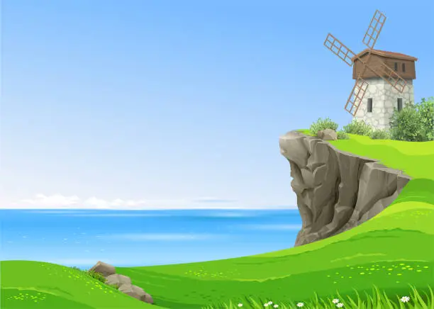 Vector illustration of Landscape of vintage windmill and green hills