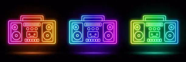 Vector illustration of Vector 3d render, blue neon boombox frame, boombox shape, empty space, ultraviolet light, 80's retro style, fashion show stage, abstract background, illuminate frame design. Abstract cosmic vibrant boombox  icon.Glowing neon lighting futuristic style