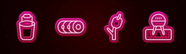 istock Set line Bucket, Blanket roll, Marshmallow on stick and Barbecue grill. Glowing neon icon. Vector 1543401779