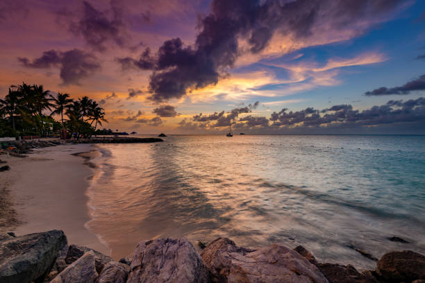 Beautiful Sunset with Palm trees on Dickenson Bay Beach, Antigua and Barbuda