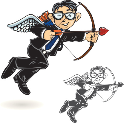 Cupid in a business suit. This is a vector image with black and white line art included.