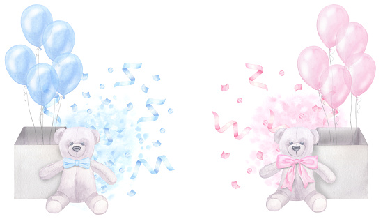 Banner blue pink, boy or girl, birthday. Balloons in a box, teddy bear, confetti. Hand drawn watercolor illustration isolated on white background. For gender reveal party, baby shower, children's holiday.