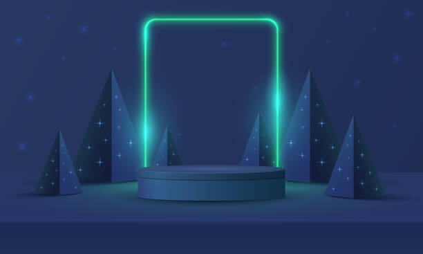 ilustrações de stock, clip art, desenhos animados e ícones de abstract realistic 3d square pedestal podium, square neon lighting background. pink, blue pyramid christmas tree. minimal wall scene mockup product display. merry christmas and happy new year stage. - abstract backdrop backgrounds christmas