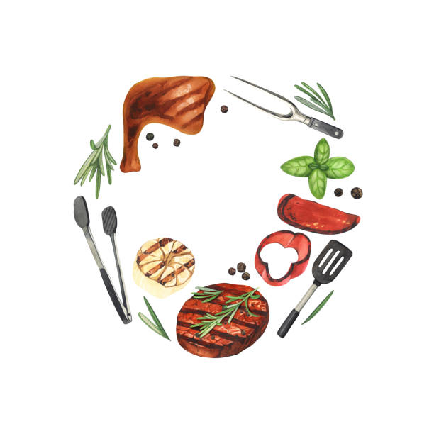 istock Watercolor round frame barbecue. Elements for cooking bbq - grill, chicken and meat. Hand-drawn illustration isolated on white background. Perfect concept food menu, design packing, for cooking 1543458398