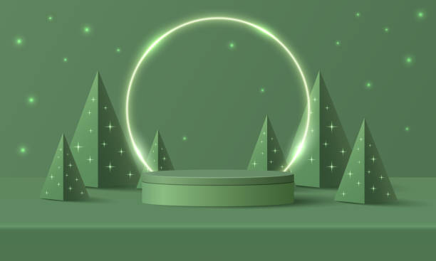istock Abstract realistic 3D cylinder pedestal podium, Circle neon lighting background. Red, green pyramid christmas tree. Minimal wall scene mockup product display. Merry christmas and happy new year stage. 1543459199